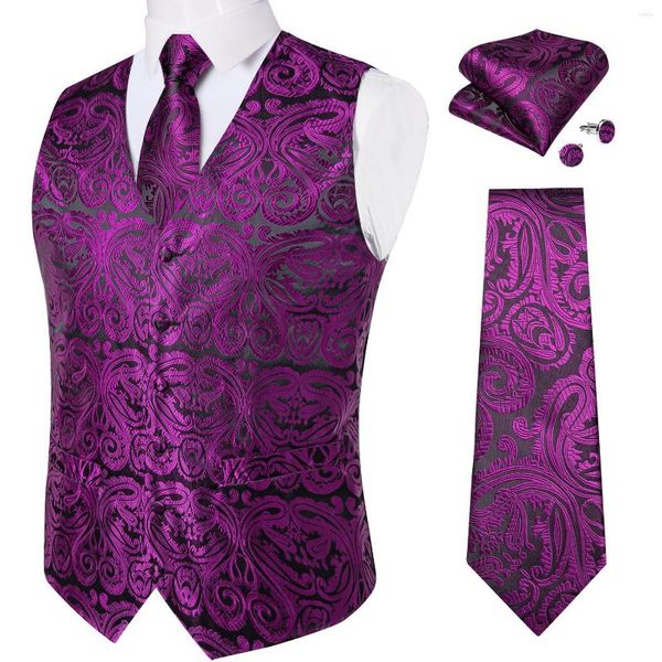 Hommes gilets 2023 luxe violet soie hommes gilet cravate ensemble mouchoir boutons de manchette affaires mariage fête smoking costume gilet vêtements