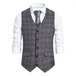 Herenvesten 2023 Men Vintage Waistcoat Mouwloze V Neck Plaid Knoppen Slank Business Weskit Office Party Tops Outfits Plus maat S-2XL