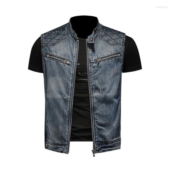 Hommes gilets 2023 moto motard Denim gilet Vintage bleu fermetures éclair poches sans manches vestes Punk Cowboy mode Wasitcoat