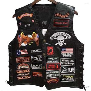 Gilets pour hommes 2023 Moto Cuir Court Simple Boutonnage 42 Patchs Mode Brodé Veste sans manches Punk Gilet pour hommes