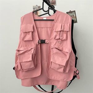 Chalecos para hombres 2023 múltiples pockets techwear rosa chaleco de carga para hombres al aire libre hip hop chaqueta sin mangas japonesa chaleco japonés