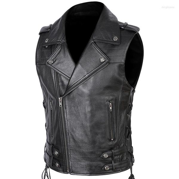 Hommes gilets 2023 Ooblique fermeture éclair en cuir gilet moto motard véritable sans manches vestes hommes véritable peau de vache