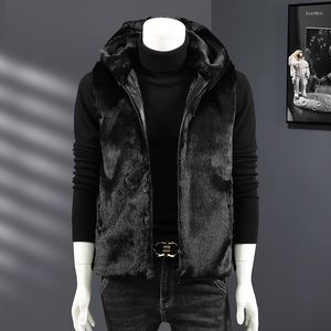 Gilets pour hommes 2023 Veste sans manches Hommes à capuche chaude imitation vison velours gilet de fourrure mâle peluche flanelle manteau en coton gilet