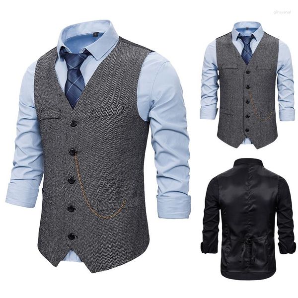 Hommes gilets 2023 Slim Fit chevrons costume gilet pour hommes col en V simple boutonnage gris noir café formel gilet mâles robe taille manteau