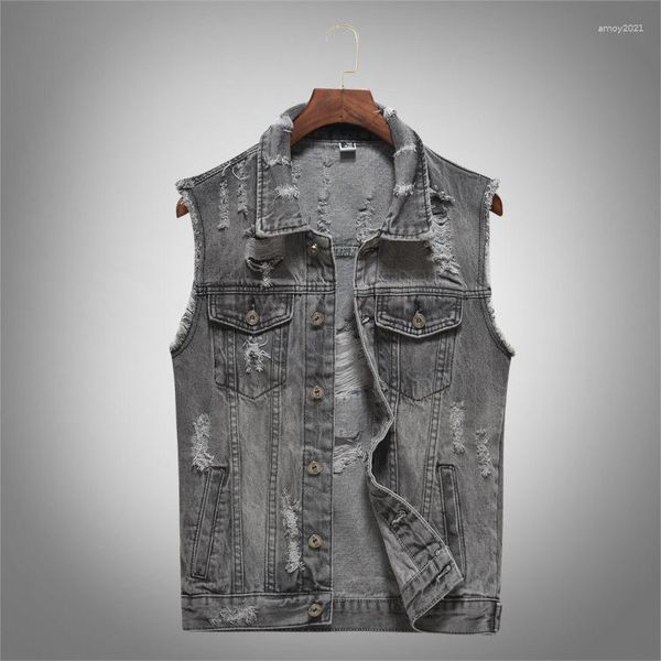 Gilets pour hommes 2023 printemps / été automne denim gilet gris jeunesse déchiré moto