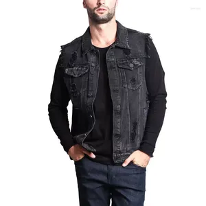 Herenvesten 2023 zomer herfst vintage ontwerp heren denim vest mannelijke retro mouwloze jassen casual gescheurde gat Jean waistcoats doek