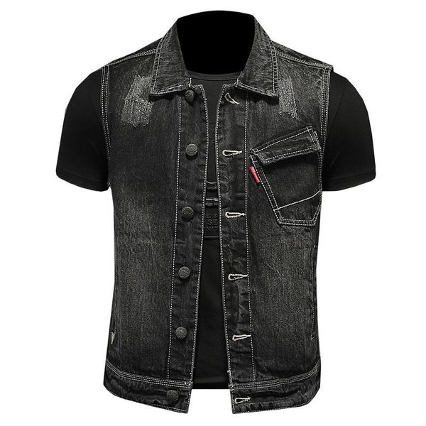 Chalecos de hombre 2023 verano Retro solapa de un solo pecho de algodón negro Delgado chaleco de mezclilla abrigo de hombre chaleco Jean chaqueta motocicleta Gilet Homme