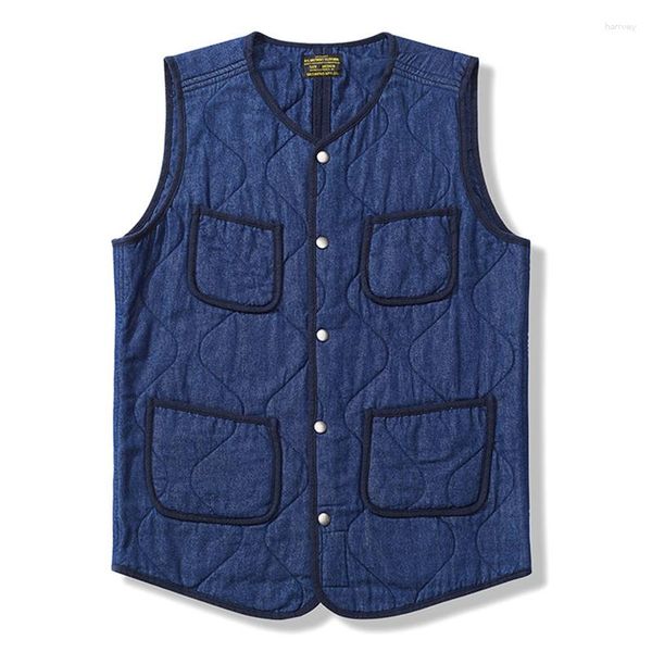 Gilets pour hommes 2023 Vintage Denim Bleu Veste Gilet Hommes Hiver Épais Multi-poche Matelassé Gilet Rétro Casual Chaud Cardigan Manteau