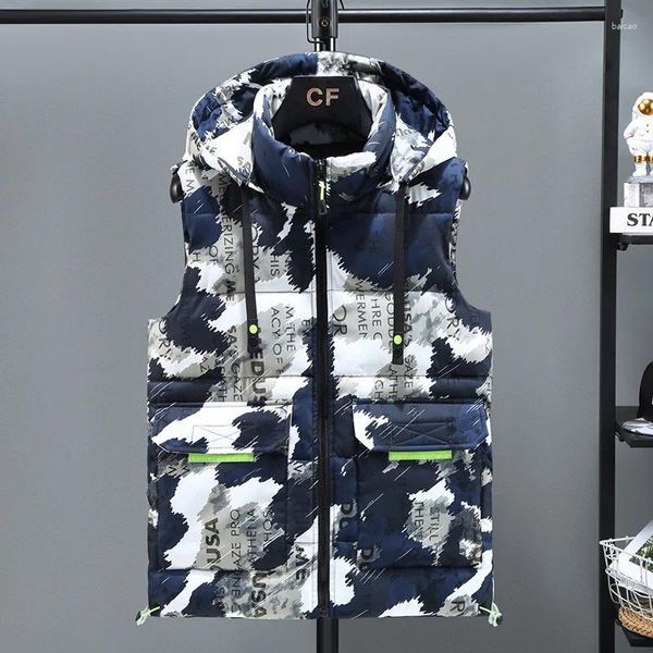 Gilets pour hommes 2023 hiver camouflage épais gilet hommes chapeau à capuche détachable manteau sans manches imperméable mâle confortable gilet plus taille 5XL