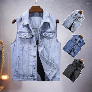 Herenvesten 2024 Autumn denim vest Multi -zakken mouwloze vintage casual jeugd eenvoudige slanke revers