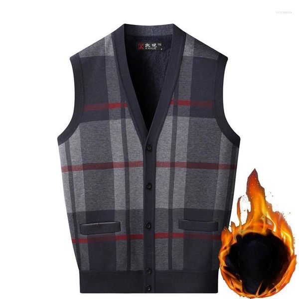 Chalecos para hombres 2024 Otoño Invierno Hombres V Cuello Punto Cardigan Chaleco Masculino Casual Suéter Sin mangas Abrigos Plaid Chaleco Cálido D671