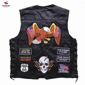 Herenvesten 2024 vier seizoenen mouwloze jas lederen mannen motorfiets vest borduurwerk schapenvacht splicing biker waistcoat mannelijke klassieker retro retro