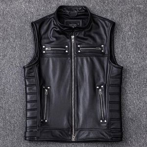 Gilets pour hommes 2024 véritable gilet en cuir de vachette moto motard de haute qualité col montant vestes sans manches gilet à glissière