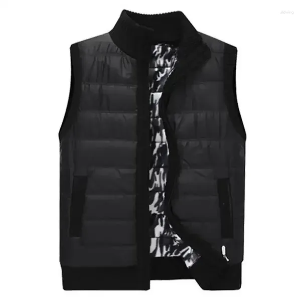 Gilets pour hommes 2024 pull tricoté gilet moyen et vieillesse couleur unie épissé col debout sans manches petit manteau en coton