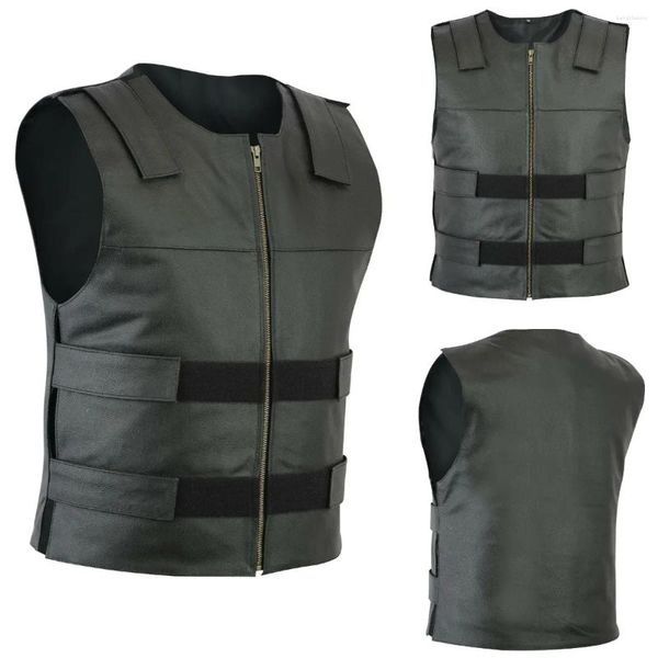 Gilets pour hommes 2024 Gilet en cuir col en V simple boutonnage côté fermeture à glissière court haut sans manches