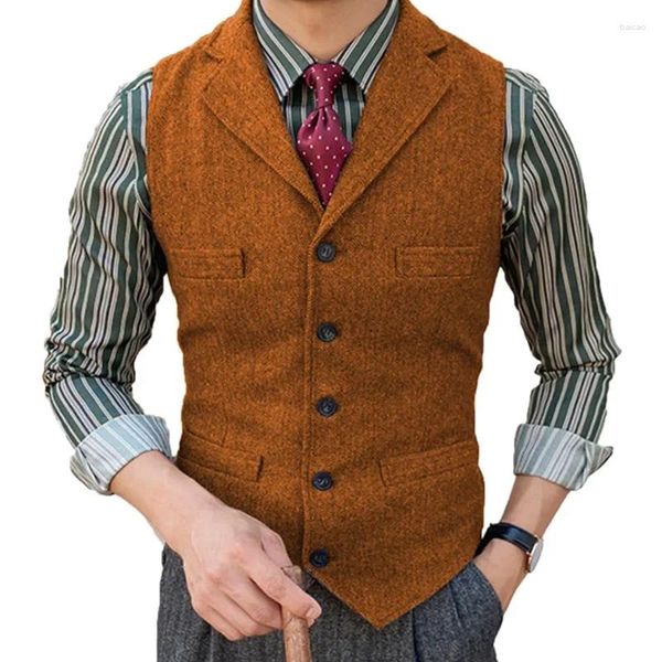 Chalecos para hombres 2024 Chaleco para hombres Borgoña Espiga de espiga Tweed Cuello a medida Chaleco de negocios de café de doble botonadura para ropa