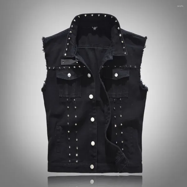 Gilets pour hommes 2024 Printemps Mode Rivet Denim Gilet Punk Party Clouté Slim Fit Jean Veste Mâle Gilet Sans Manches Pour Hommes Plus Taille 6XL