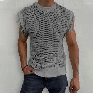 Gilets pour hommes 2024 Vêtements d'été Couleur unie Gilet tricoté Col rond Sans manches Pull creux