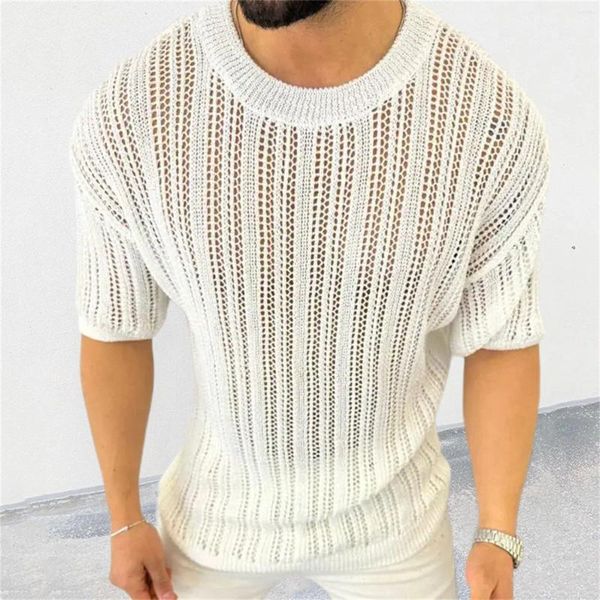 Chalecos para hombres 2024 suéter de verano ahueca hacia fuera los hombres de manga corta delgados para hombre tops camisetas 95 algodón 5 spandex t