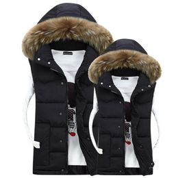 Gilets pour hommes # 3601 Hiver col de fourrure artificielle vers le bas gilet hommes mince épais chaud sans manches veste mmen gilet gilet bodywarmer couple vêtements 230918