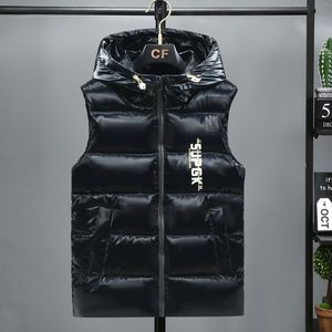 Herenvesten #3629 Herfst Zwart Wit Zilver Mouwloos Jasje Heren Glanzend Oppervlak Letters Gedrukte Vesten Voor Mannen Warm Vest Slanke S-4XL 230918