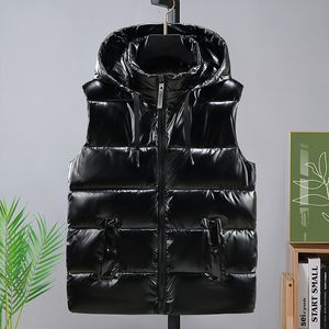 Gilets pour hommes # 3644 Surface brillant noir gris gilet hommes avec capuche décontractée chaude épaisse veste pour hommes fermeture éclair vêtements d'extérieur automne hiver 221116