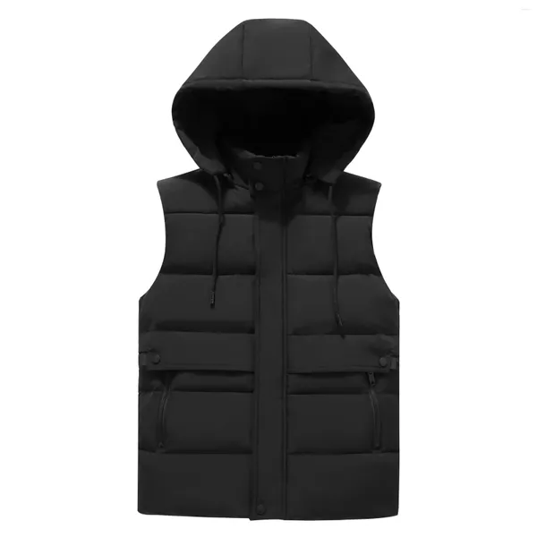 Gilets pour hommes # 3663 Noir Rouge Beige Gilet d'hiver Manteau Hommes Zipper Chaud Veste à capuche Épais Vêtements d'extérieur Down Gilet Chapeau détachable