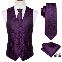 Hommes gilets 4PC hommes soie fête mariage violet Paisley solide Floral gilet poche carré cravate mince costume ensemble Barry.Wang BM- 230331