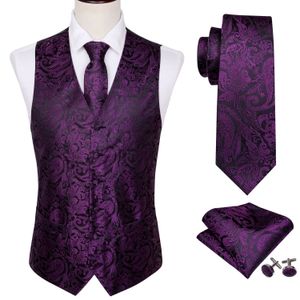 Gilets pour hommes 4pc hommes gilet de soie fête mariage violet paisley solide gilet floral gilet poche cravate carrée costume mince ensemble Barry.Wang BM- 230310