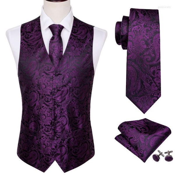 Gilets pour hommes 4pc hommes gilet de soie fête mariage violet paisley solide gilet floral poche cravate carrée costume mince ensemble Barry.Wang BM-2022 Guin22