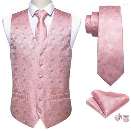Chalecos para hombre, 4 piezas, chaleco de seda Floral rosa, chaleco para hombre, traje ajustado, corbata plateada, pañuelo, gemelos, corbata Barry.Wang Business