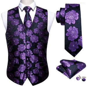 Gilets pour hommes 4PC violet Floral soie gilet gilet hommes mince costume argent cravate mouchoir boutons de manchette cravate Barry.Wang affaires