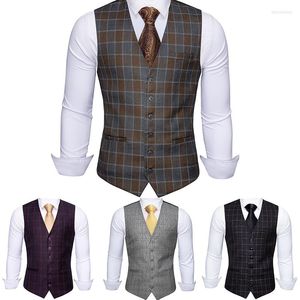 Herenvesten 5 kleuren geruite stijl pak vest voor mannen bind set slank fit v-neck kraagloze mannelijke waastcoat gilet casual business barry.wang