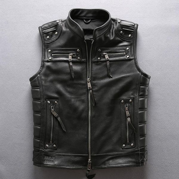 Gilet da uomo 5 giorni di arrivo Giacca da motociclista professionale senza maniche Gilet in vera pelle Rivetto Cowskin Nero