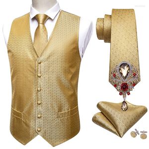 Chalecos para hombres 5 uds Barry.Wang diseño oro sólido chaleco de boda para hombres traje corbata de seda gemelos broches conjunto chaleco formal