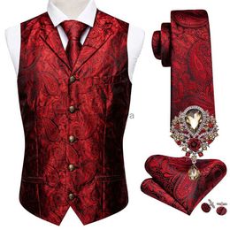 Herenvesten 5PCS Klassiek Rood Heren Trouwpak Vest Paisley Jacquard Folral Zijden Vest Stropdas Luxe Broches Vest Set Barry.Wang Bruidegom YQ231031