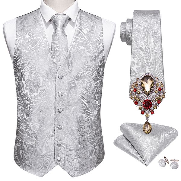 Gilets pour hommes 5PCS Designer Hommes Costume De Mariage Gilet Argent Paisley Jacquard Folral Soie Gilet Cravate Broches Gilet Ensemble Barry.Wang Groom 230804