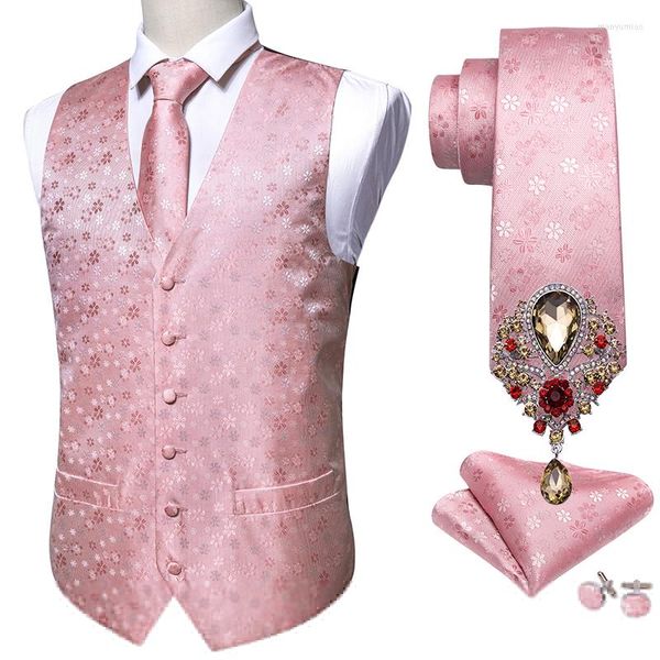 Chalecos de hombre 5 uds diseñador para hombre traje de boda chaleco rosa Paisley Jacquard Folral seda chaleco corbata pañuelo broches conjunto Barry.Wang