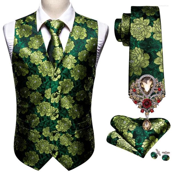 Chalecos para hombres 5 unids para hombre traje de seda chaleco con cuello en v verde floral chaleco broches conjunto casual formal padrino chaqueta masculina boda Barry.Wang