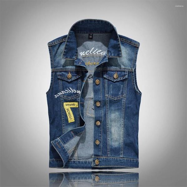 Gilets pour hommes 80s Vintage Denim Gilet Mâle Sans Manches Coton Doux Vestes Confortables Trou Jeans Marque Mode Top Gilet Plus 6XL