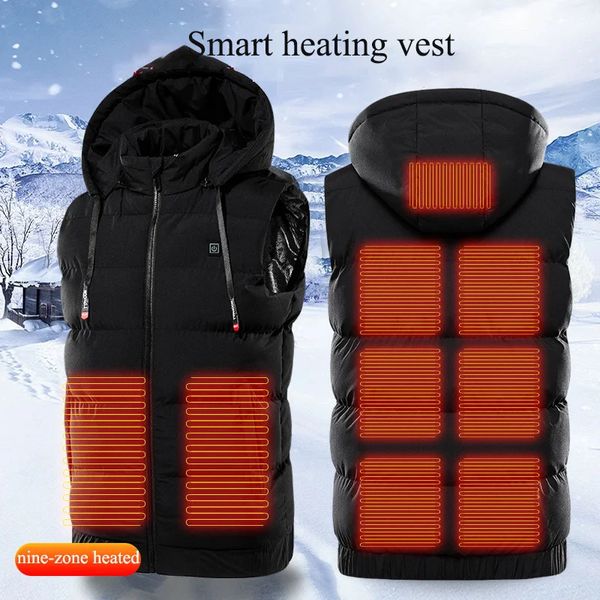 Gilets pour hommes 9 zones gilet chauffant veste sans manches à capuche épaissir vestes USB Super chaud chasse en plein air chauffage 231218