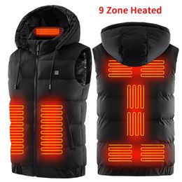 Gilets pour hommes 9 zones chauffées femmes gilet sans manches veste chauffante hommes USB vêtements chauds hiver extérieur gilet de chauffage électrique à capuche M-7XL 231122