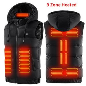 Herenvesten 9 Zone Verwarmd Dames Mouwloos Vest Verwarmde Jas Heren USB Warme Kleding Winter Buiten Elektrisch Verwarmingsvest Met Capuchon M-7XL 231122