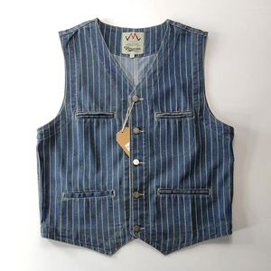 Herenvesten Amerikaans Casual Retro Denim Blue Vest gewassen katoen verticaal gestreepte noodlijdende gesp gloem Gentleman Camisole Vintage