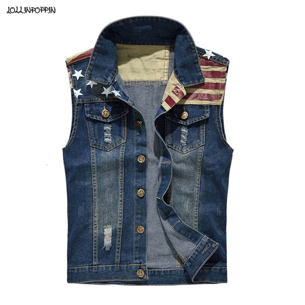 Chalecos para hombres Bandera americana Hombres Patchwork Denim Chaleco Turn Down Collar Ripped Mens Casual Sin mangas Chaleco Azul 230320