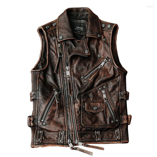 Gilets pour hommes American Retro Biker Homme Gilet en cuir véritable Première couche Manteau de peau de vache courte équitation multi-poches femmes