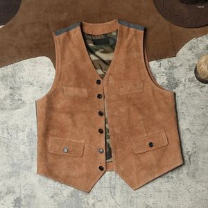 Herenvesten Amerikaans retro lederen vest met omgekeerde suede koehide v-hals korte slanke fit amikaki contrasterende schouder