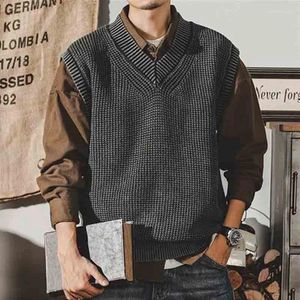 Herenvesten Amerikaanse vintage lente mouwloze heren trui vest effen modetrend losse patchwork trui V-hals gebreide tanktops