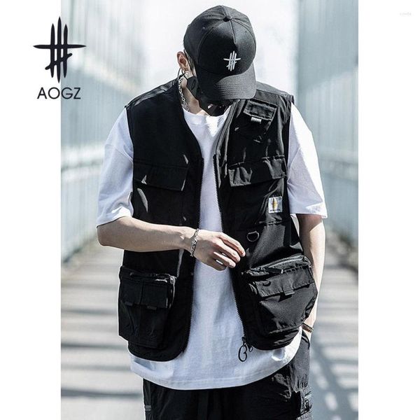 Gilets pour hommes AOGZ Hip Hop Zipper Cargo Vest Jacket Hommes Femmes Multi-poches Multifonctionnel Sans Manches Techwear Streetwear Outwear