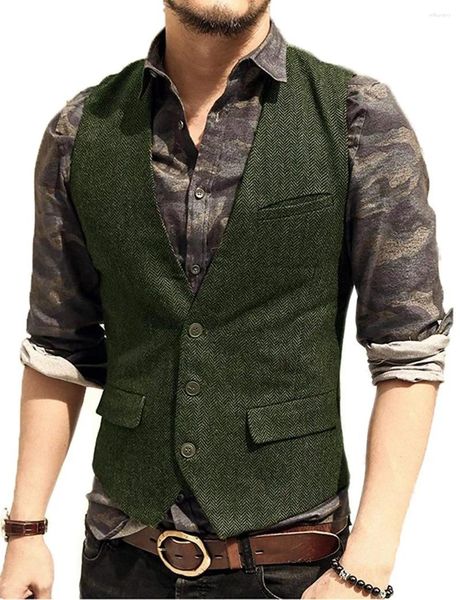 Chalecos para hombres Ejército Verde Mans Traje Chaleco Chaleco Chaleco V Cuello Lana Espiga Tweed Chaqueta Slim Fit Gilet Casual Groomman para boda